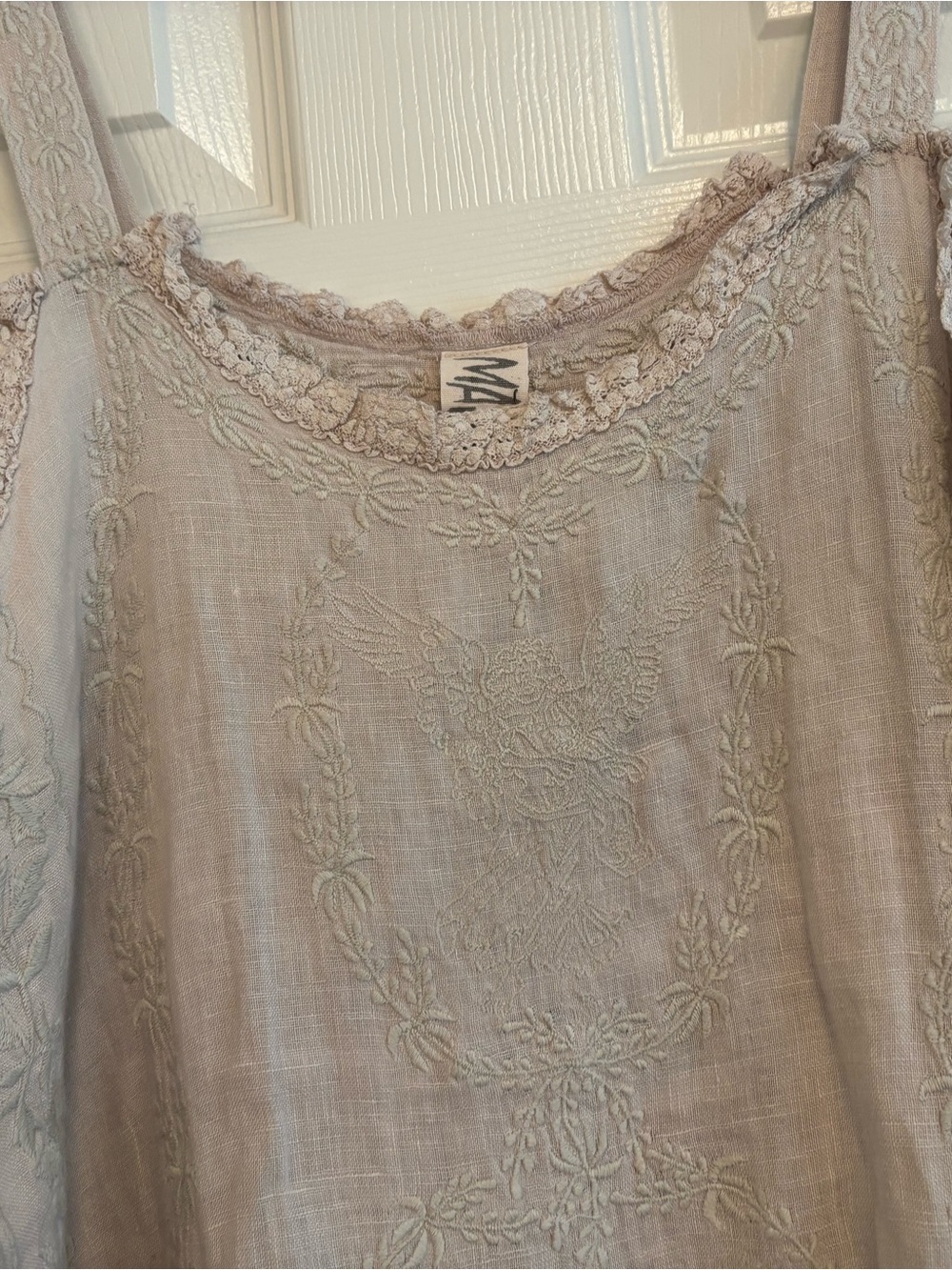 Magnolia Pearl Linen Midi Dress in Light Beige with Cream Embroidery